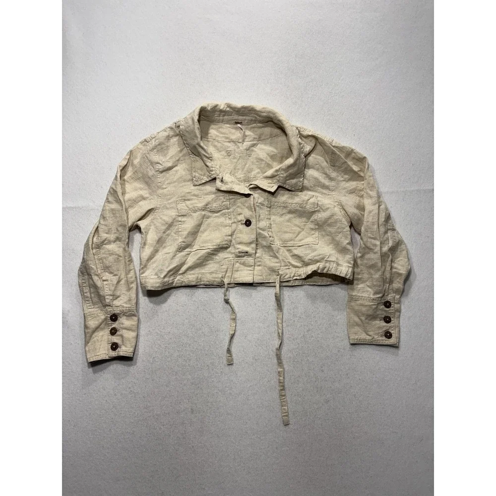 Free People Jacket Womens XS Beige Linen Cropped Button Front Drawstring Hem